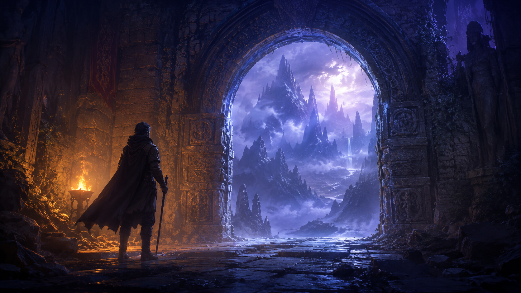 A lone traveler standing before an ancient archway that opens into a misty unknown world.