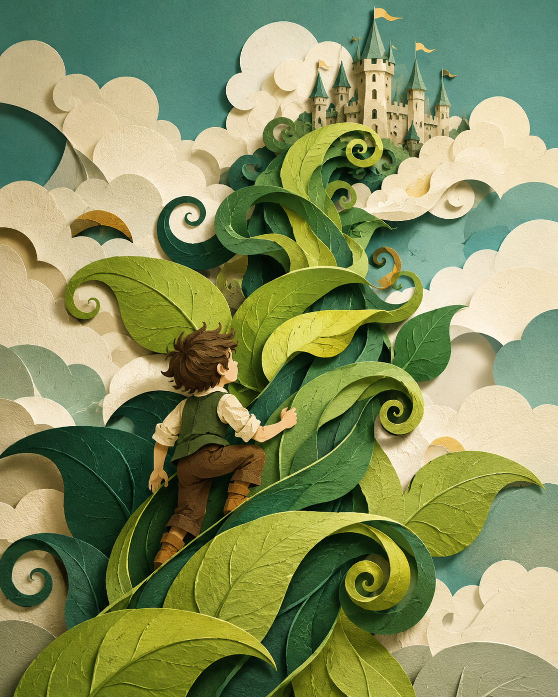 A paper-cut storybook scene of a boy climbing a giant beanstalk toward a castle in the clouds.