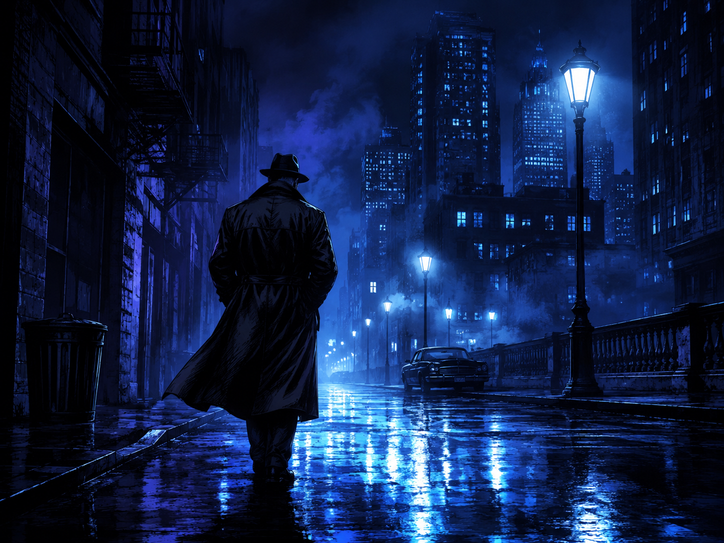 A noir detective silhouette walking through a rain-soaked blue city street at night.