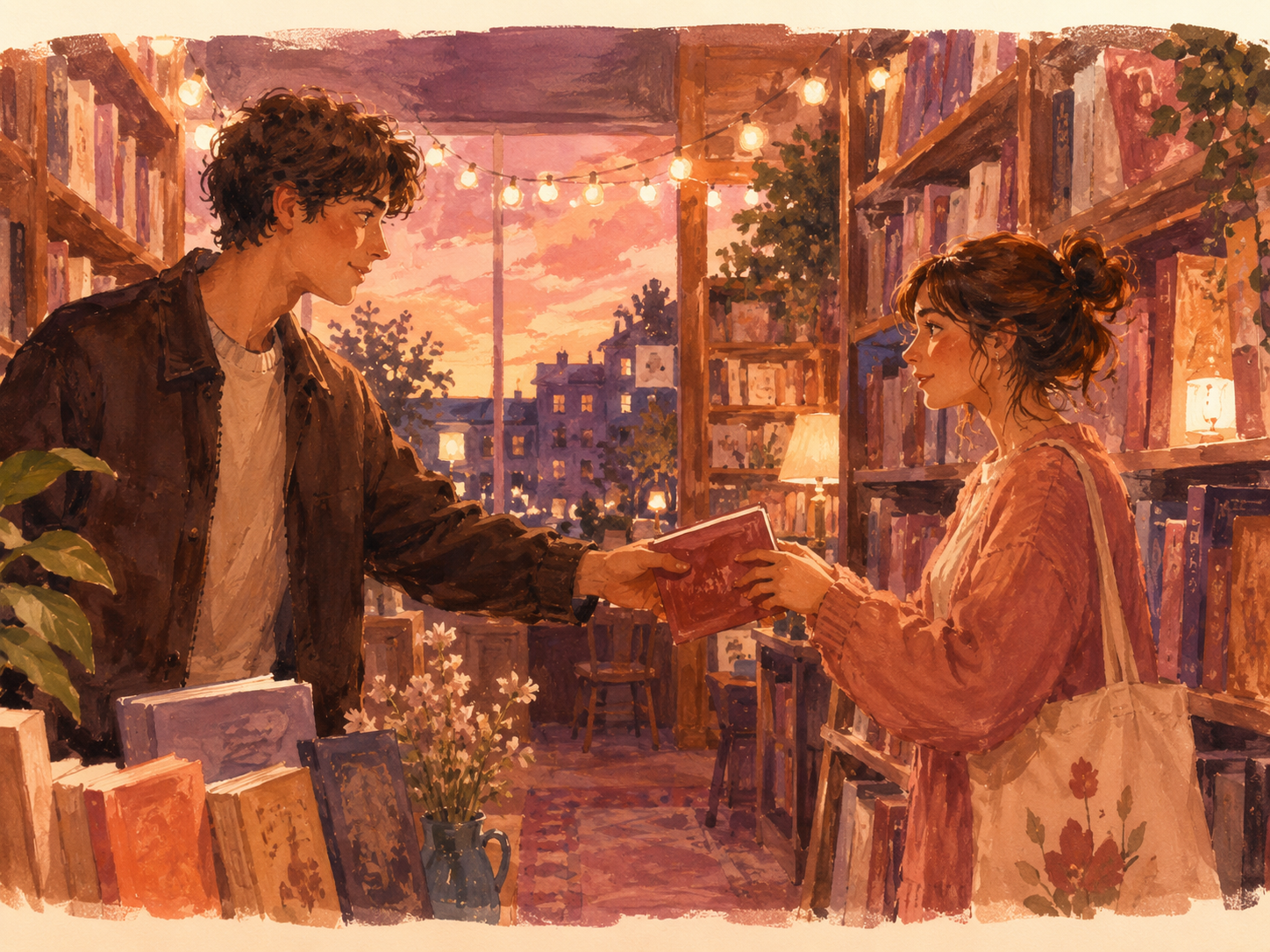 Two people sharing a warm moment while exchanging a book in a cozy bookstore.