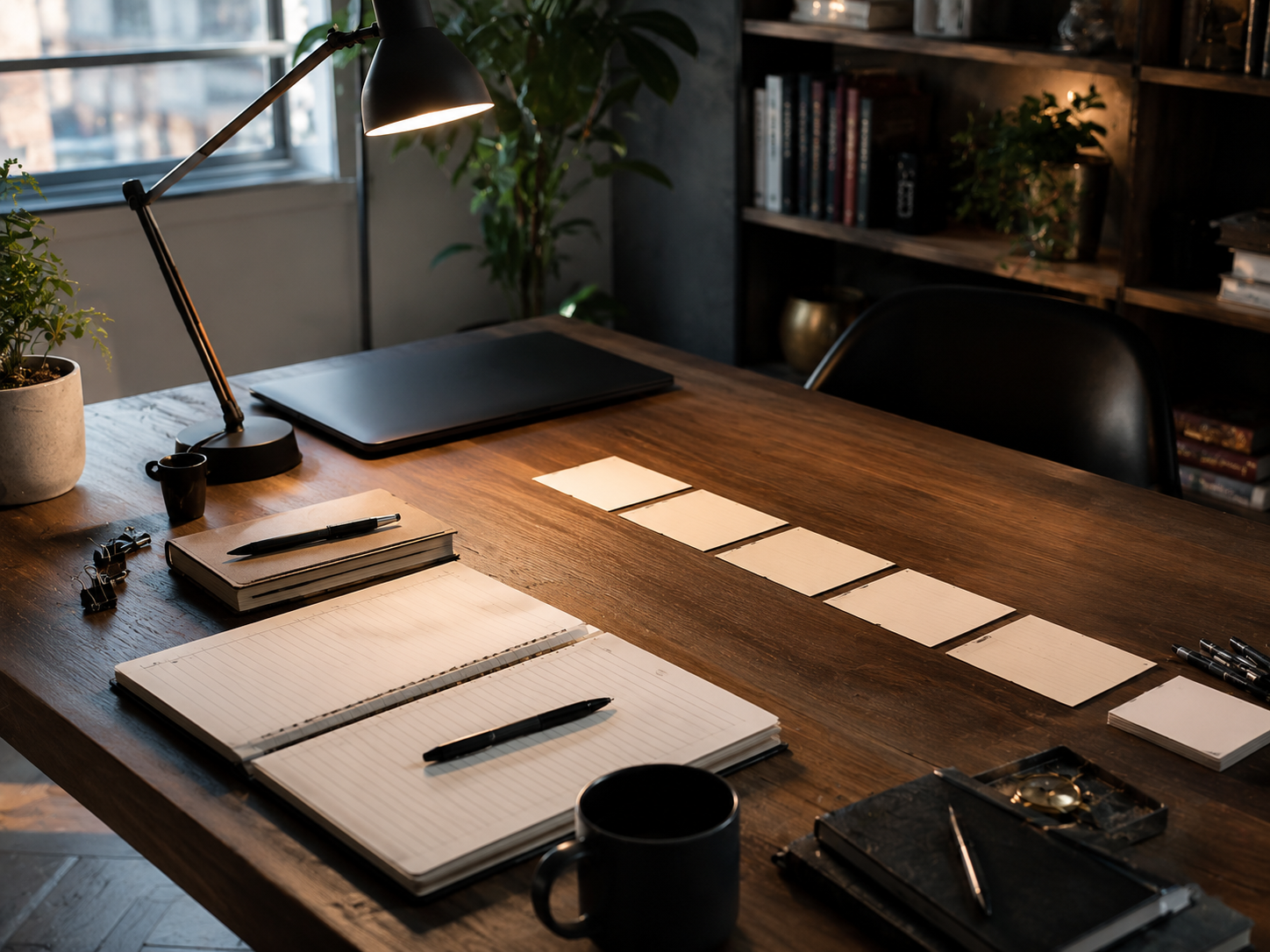 A modern writing desk with a notebook, blank beat cards, and creative planning tools.