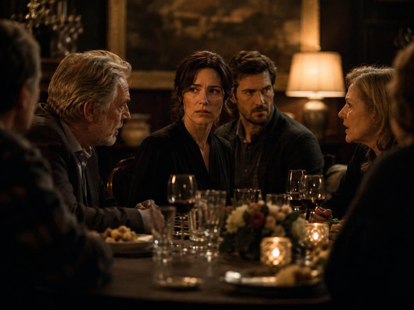 A tense dinner conversation with a central character caught between opposing voices.