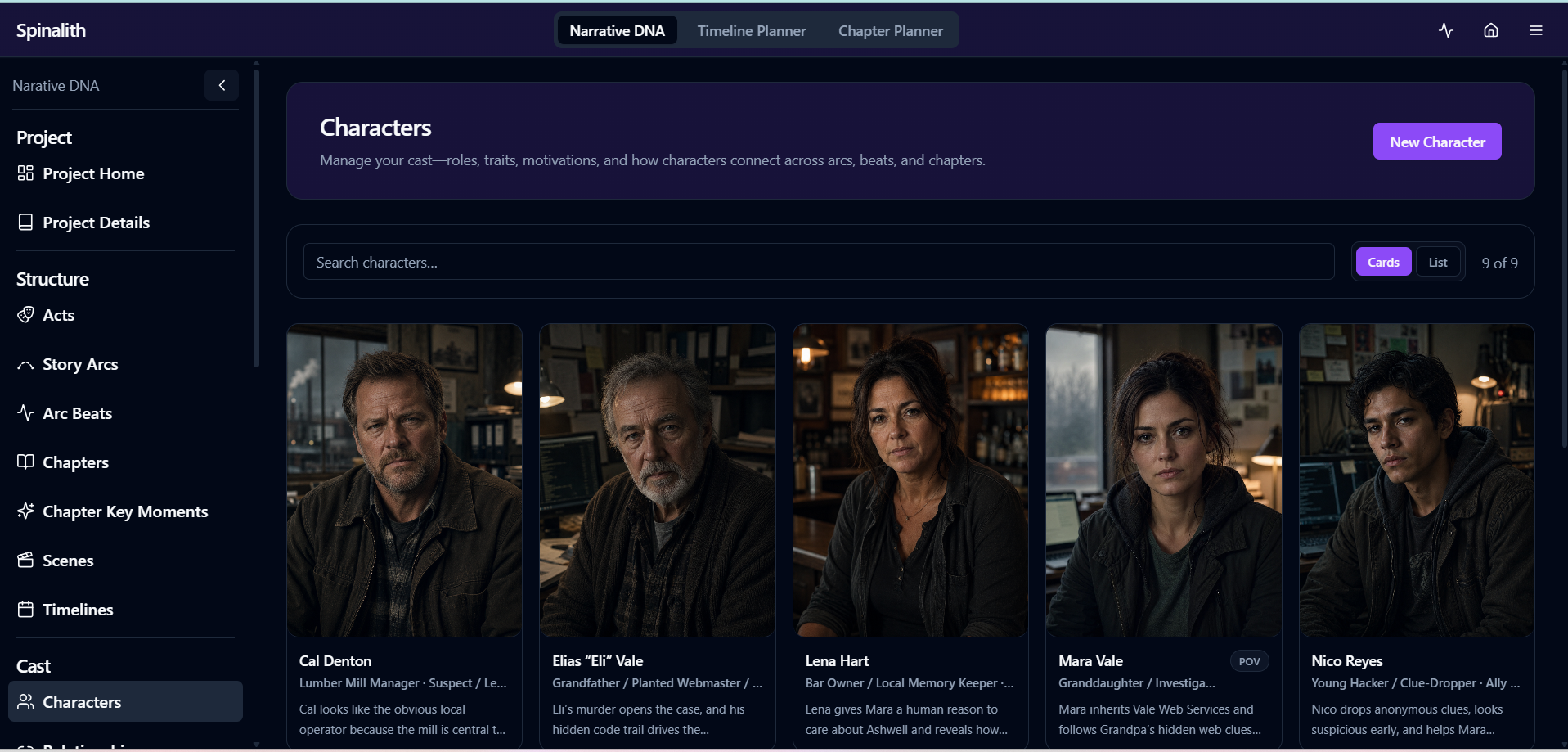 Narrative DNA character planning view
